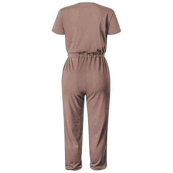 Women's Summer Casual Deep V Neck Short Sleeve Wrap Drawstring Dark Khaki - Picture 5 of 5